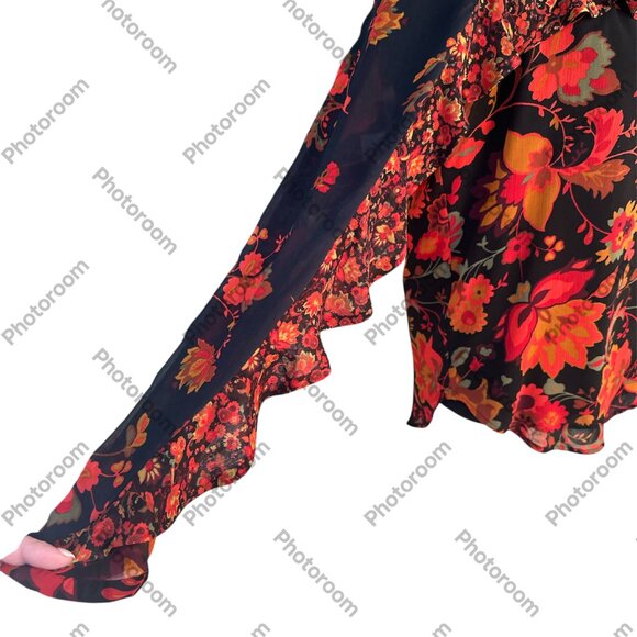 Loft Small Black & Red Floral Long Sleeve Sheer Lined Blouse - Picture 3 of 5